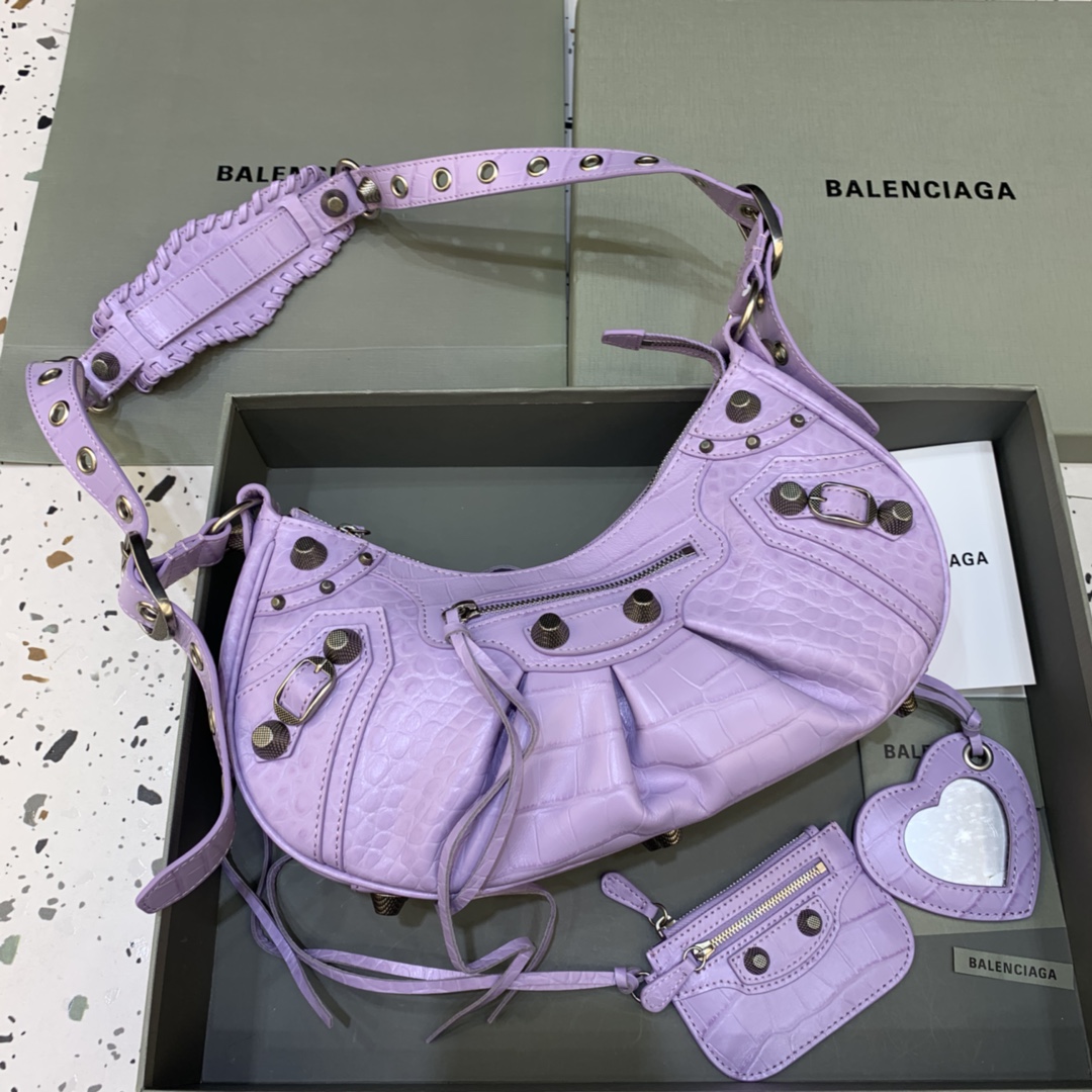 Balenciaga Le Cagole Small Shoulder Bag Crocodile Embossed Light purple